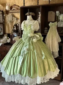Fairy Lolita Dresses Blue Bows Flowers Ruffles Long Lace Lolita Dresses
