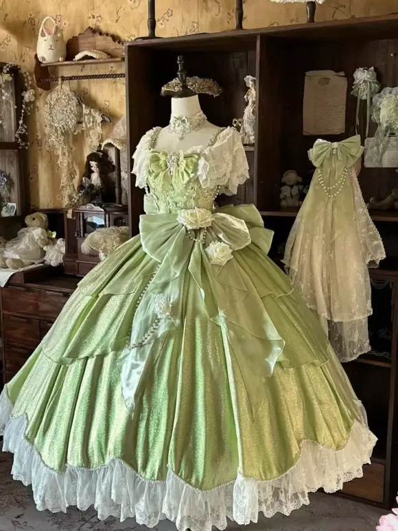 Fairy Lolita Dresses Blue Bows Flowers Ruffles Long Lace Lolita Dresses