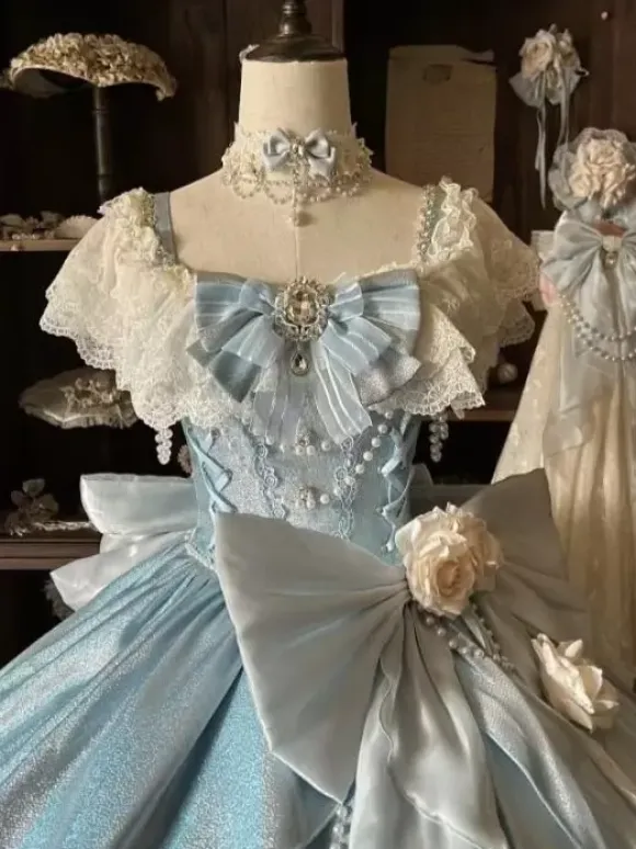 Fairy Lolita Dresses Blue Bows Flowers Ruffles Long Lace Lolita Dresses