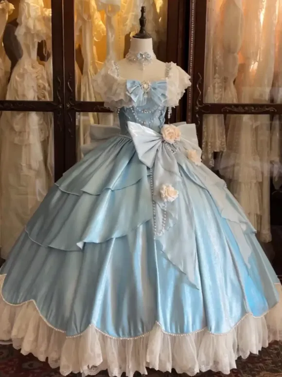Fairy Lolita Dresses Blue Bows Flowers Ruffles Long Lace Lolita Dresses