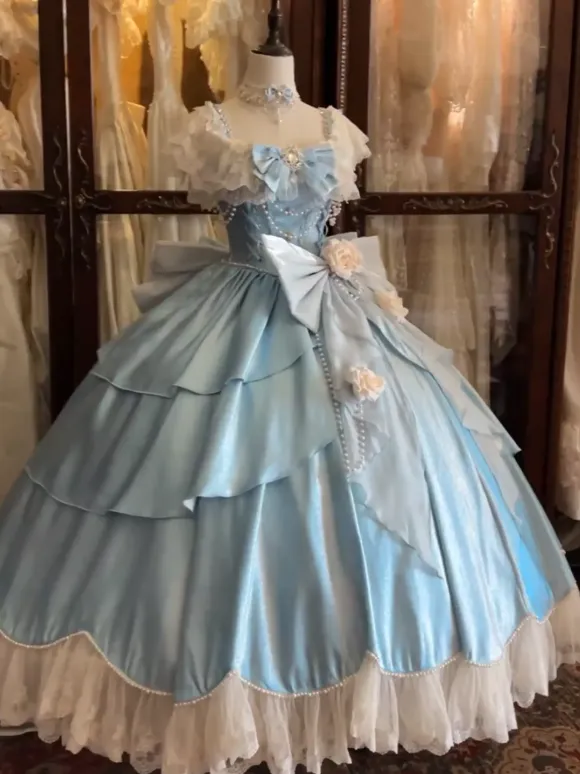 Fairy Lolita Dresses Blue Bows Flowers Ruffles Long Lace Lolita Dresses