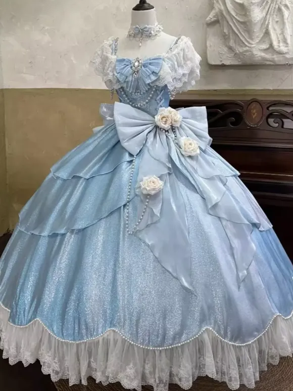 Fairy Lolita Dresses Blue Bows Flowers Ruffles Long Lace Lolita Dresses