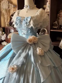Fairy Lolita Dresses Blue Bows Flowers Ruffles Long Lace Lolita Dresses