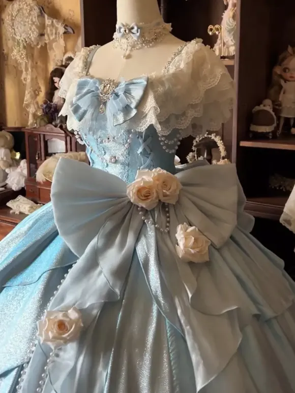 Fairy Lolita Dresses Blue Bows Flowers Ruffles Long Lace Lolita Dresses