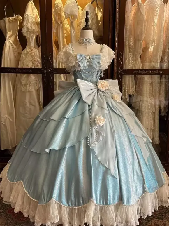 Fairy Lolita Dresses Blue Bows Flowers Ruffles Long Lace Lolita Dresses