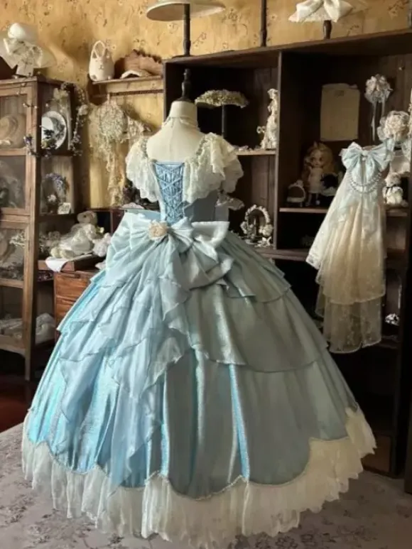 Fairy Lolita Dresses Blue Bows Flowers Ruffles Long Lace Lolita Dresses
