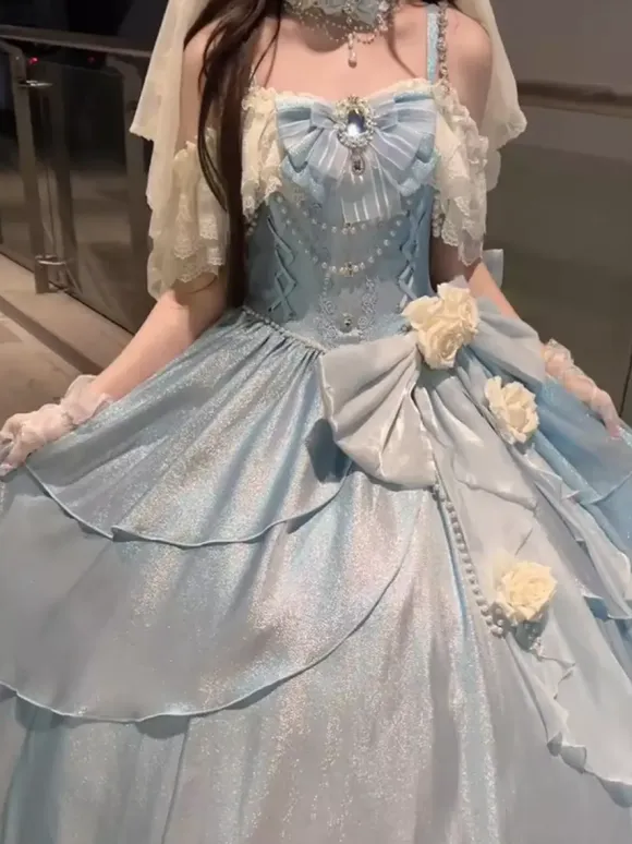 Fairy Lolita Dresses Blue Bows Flowers Ruffles Long Lace Lolita Dresses