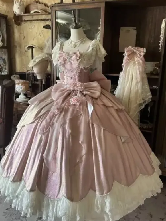 Fairy Lolita Dresses Blue Bows Flowers Ruffles Long Lace Lolita Dresses
