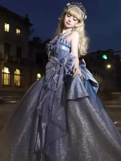 Fairy Lolita Dresses Blue Sparkling Flower Bows Long Lolita Dresses