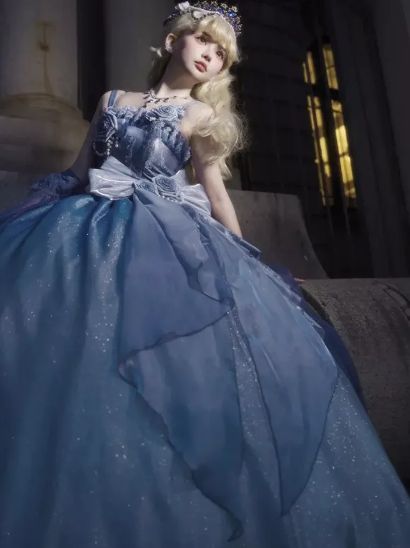 Fairy Lolita Dresses Blue Sparkling Flower Bows Long Lolita Dresses