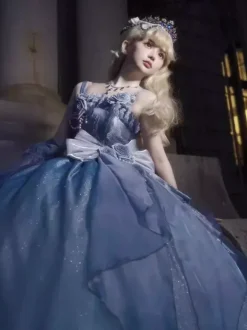 Fairy Lolita Dresses Blue Sparkling Flower Bows Long Lolita Dresses