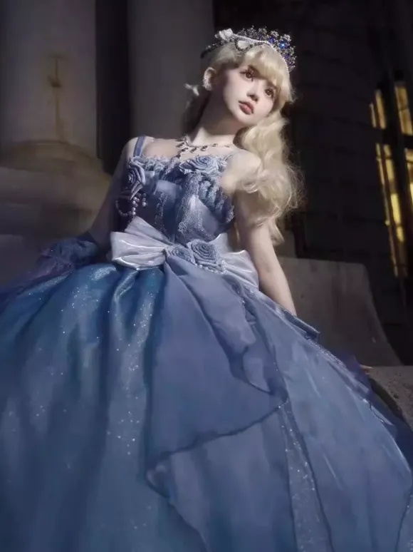 Fairy Lolita Dresses Blue Sparkling Flower Bows Long Lolita Dresses