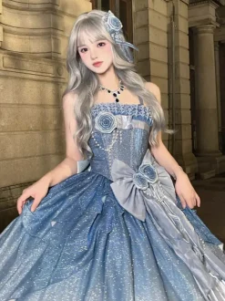 Fairy Lolita Dresses Blue Sparkling Flower Bows Long Lolita Dresses