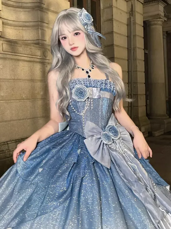 Fairy Lolita Dresses Blue Sparkling Flower Bows Long Lolita Dresses