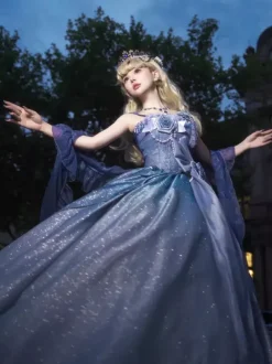 Fairy Lolita Dresses Blue Sparkling Flower Bows Long Lolita Dresses