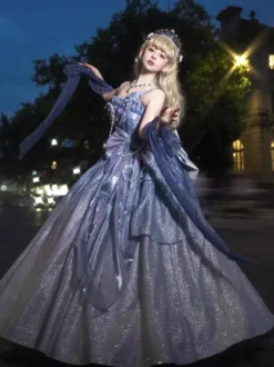 Fairy Lolita Dresses Blue Sparkling Flower Bows Long Lolita Dresses