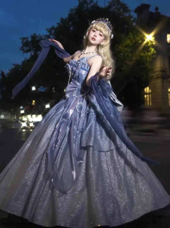 Fairy Lolita Dresses Blue Sparkling Flower Bows Long Lolita Dresses