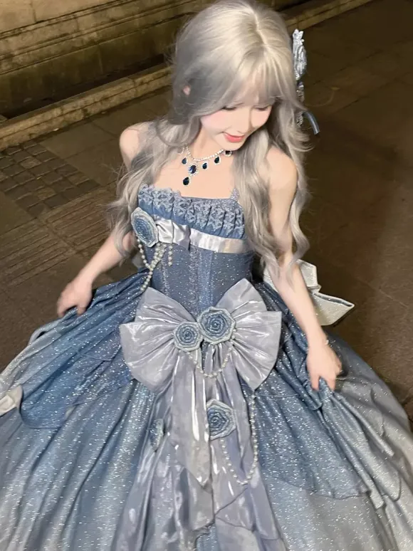 Fairy Lolita Dresses Blue Sparkling Flower Bows Long Lolita Dresses