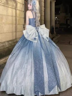 Fairy Lolita Dresses Blue Sparkling Flower Bows Long Lolita Dresses