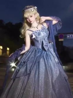 Fairy Lolita Dresses Blue Sparkling Flower Bows Long Lolita Dresses