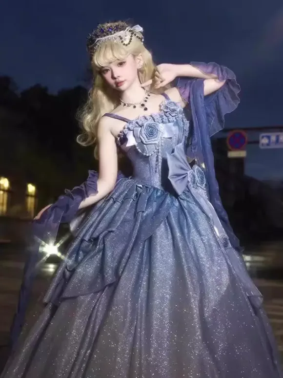 Fairy Lolita Dresses Blue Sparkling Flower Bows Long Lolita Dresses