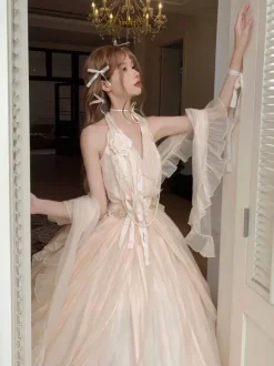 Fairy Lolita Dresses Dark Red Halter Sash Tea Party Lolita Prom Dress