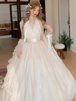 Fairy Lolita Dresses Dark Red Halter Sash Tea Party Lolita Prom Dress
