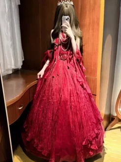 Fairy Lolita Dresses Dark Red Halter Sash Tea Party Lolita Prom Dress