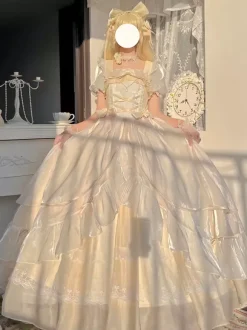 Fairy Lolita Dresses Light Sky Blue Lace Up Bows Short Sleeves Prom Dress