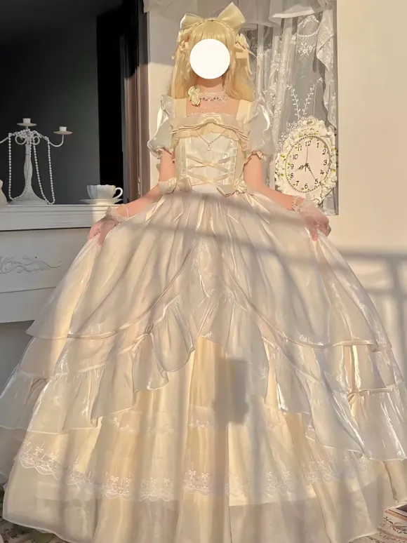 Fairy Lolita Dresses Light Sky Blue Lace Up Bows Short Sleeves Prom Dress