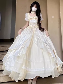 Fairy Lolita Dresses Light Sky Blue Lace Up Bows Short Sleeves Prom Dress