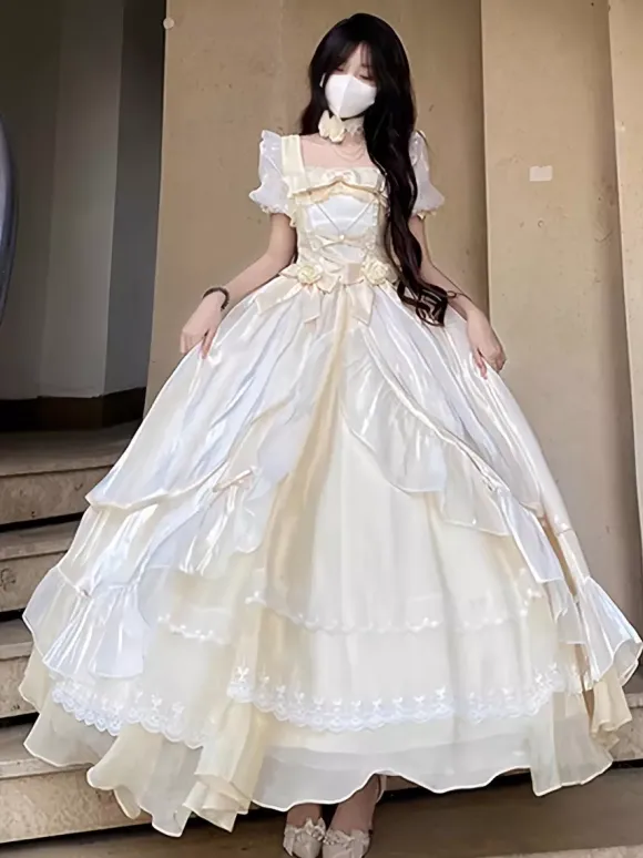 Fairy Lolita Dresses Light Sky Blue Lace Up Bows Short Sleeves Prom Dress