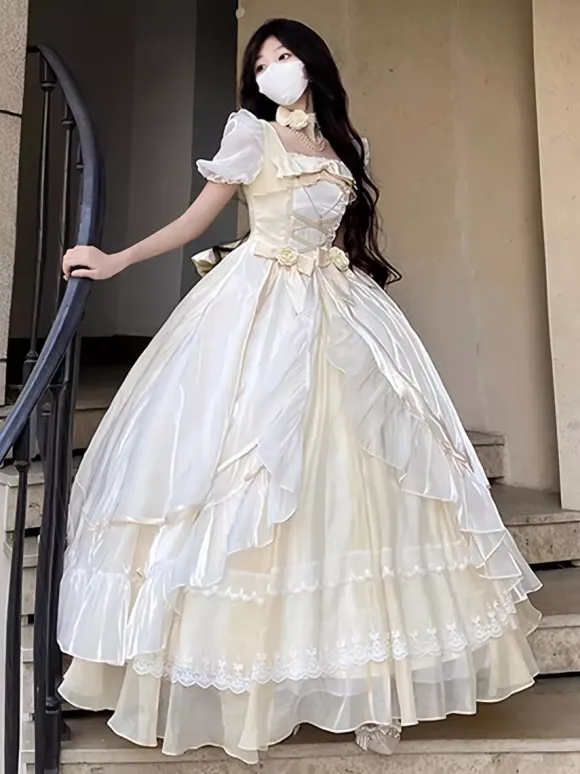 Fairy Lolita Dresses Light Sky Blue Lace Up Bows Short Sleeves Prom Dress