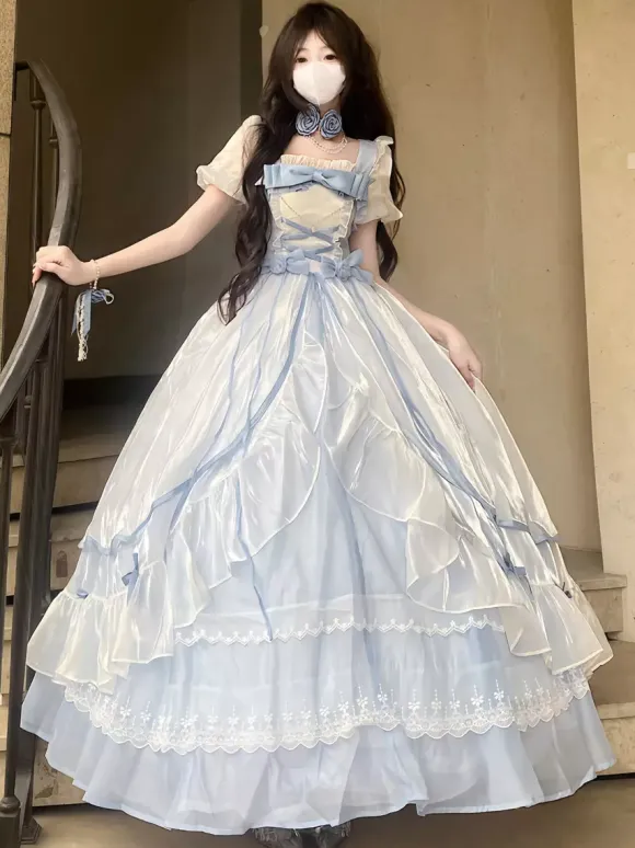 Fairy Lolita Dresses Light Sky Blue Lace Up Bows Short Sleeves Prom Dress