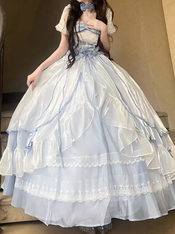 Fairy Lolita Dresses Light Sky Blue Lace Up Bows Short Sleeves Prom Dress