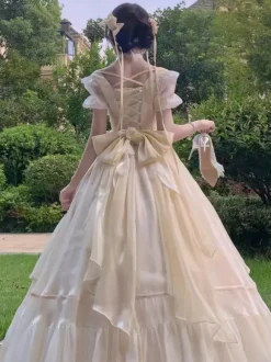 Fairy Lolita Dresses Light Sky Blue Lace Up Bows Short Sleeves Prom Dress