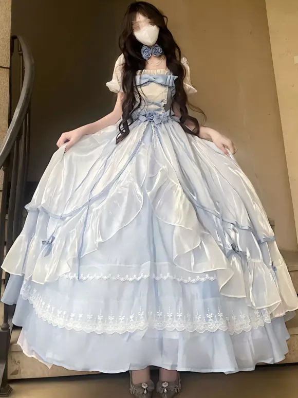 Fairy Lolita Dresses Light Sky Blue Lace Up Bows Short Sleeves Prom Dress
