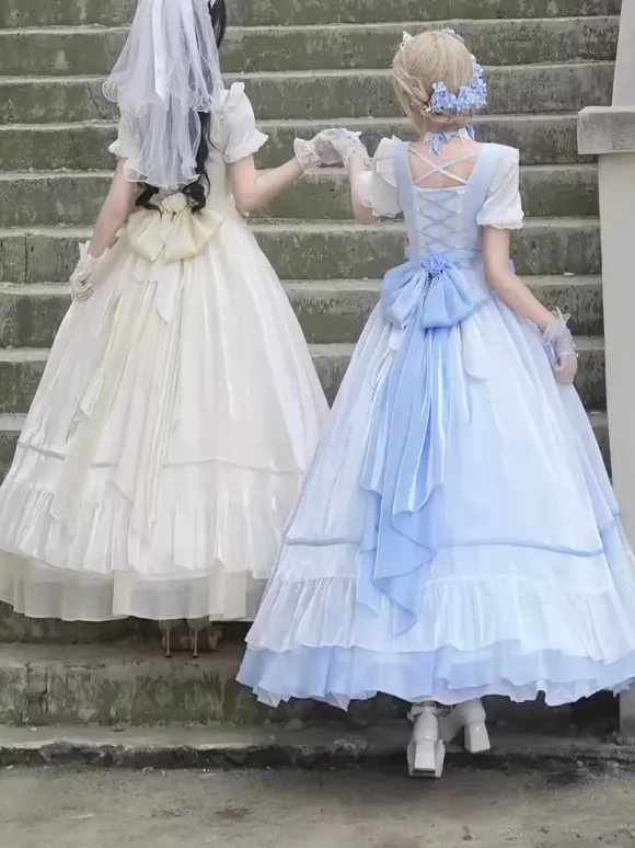 Fairy Lolita Dresses Light Sky Blue Lace Up Bows Short Sleeves Prom Dress