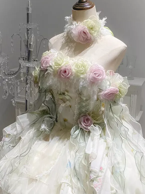 Fairy Lolita Dresses Lolita White Flower Applique Bows Ruffles Sweet Lolita Dress