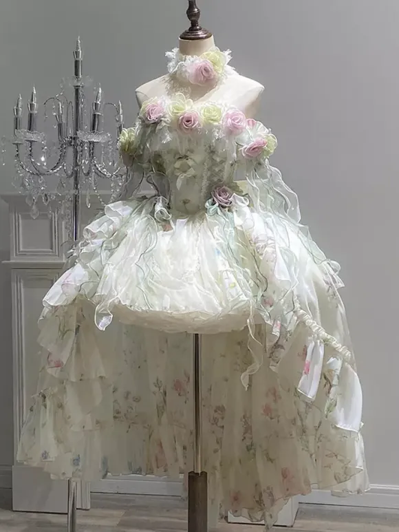 Fairy Lolita Dresses Lolita White Flower Applique Bows Ruffles Sweet Lolita Dress