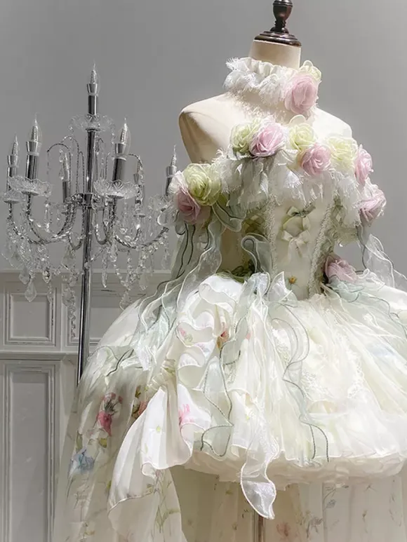 Fairy Lolita Dresses Lolita White Flower Applique Bows Ruffles Sweet Lolita Dress