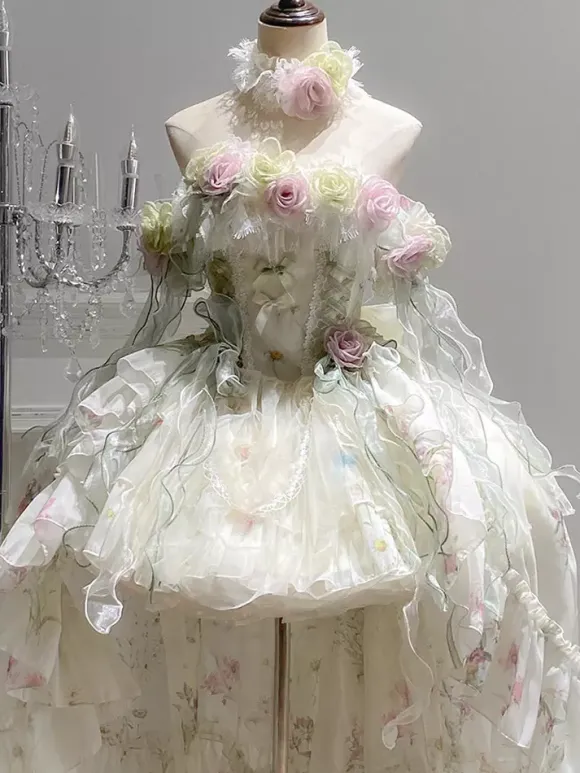 Fairy Lolita Dresses Lolita White Flower Applique Bows Ruffles Sweet Lolita Dress