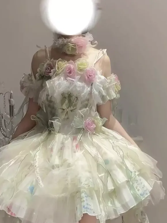 Fairy Lolita Dresses Lolita White Flower Applique Bows Ruffles Sweet Lolita Dress