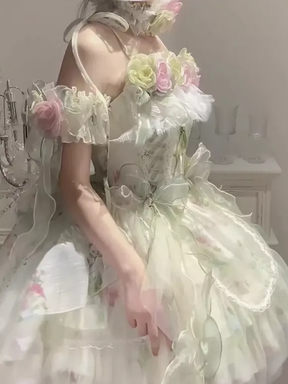 Fairy Lolita Dresses Lolita White Flower Applique Bows Ruffles Sweet Lolita Dress
