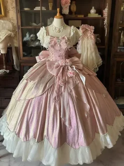 Fairy Lolita Dresses Pink Ball Gown Beaded Flowers Back Bow Lace Bandage Lace Sleeves Lolita Dress