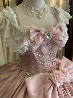 Fairy Lolita Dresses Pink Ball Gown Beaded Flowers Back Bow Lace Bandage Lace Sleeves Lolita Dress