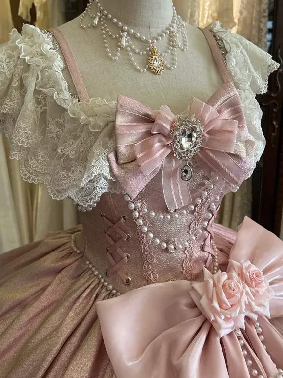 Fairy Lolita Dresses Pink Ball Gown Beaded Flowers Back Bow Lace Bandage Lace Sleeves Lolita Dress