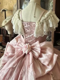 Fairy Lolita Dresses Pink Ball Gown Beaded Flowers Back Bow Lace Bandage Lace Sleeves Lolita Dress