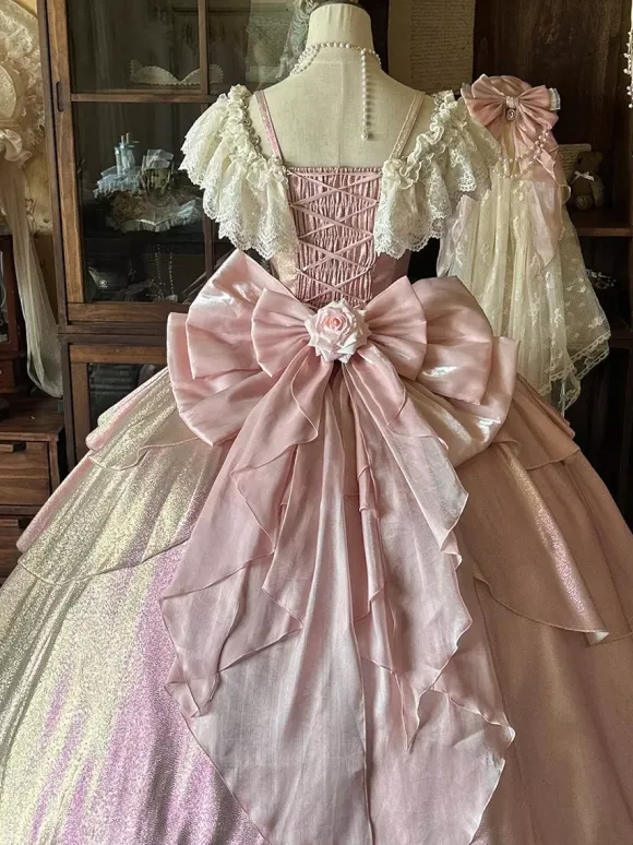 Fairy Lolita Dresses Pink Ball Gown Beaded Flowers Back Bow Lace Bandage Lace Sleeves Lolita Dress