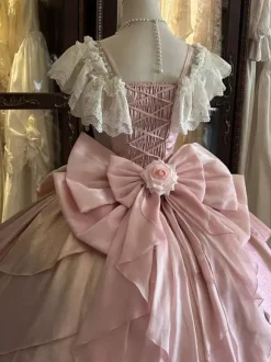Fairy Lolita Dresses Pink Ball Gown Beaded Flowers Back Bow Lace Bandage Lace Sleeves Lolita Dress
